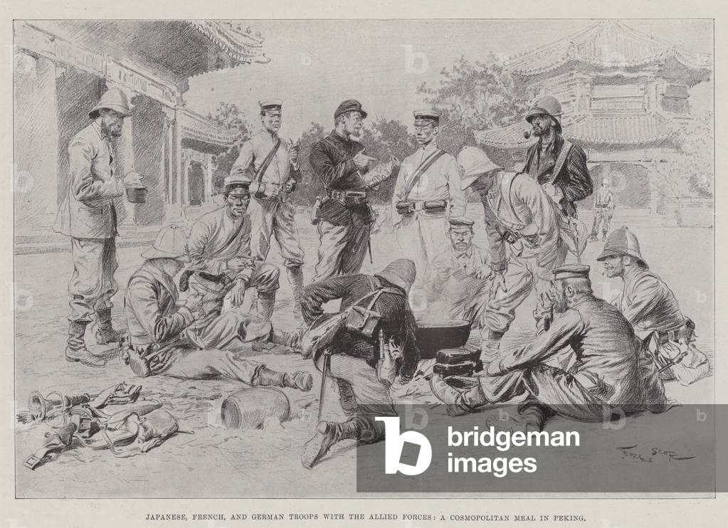 Les troupes japonaises, françaises et allemandes avec les forces alliées, un repas cosmopolite à Pékin (litho)