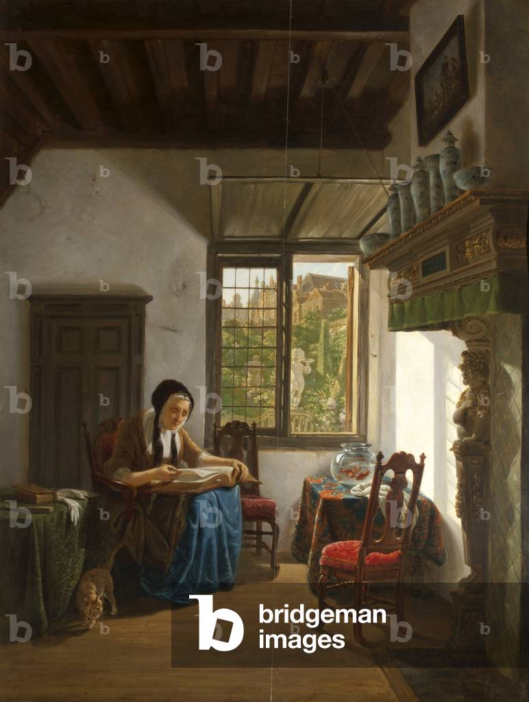 Cottage Interior with Woman reading a Bible (?)