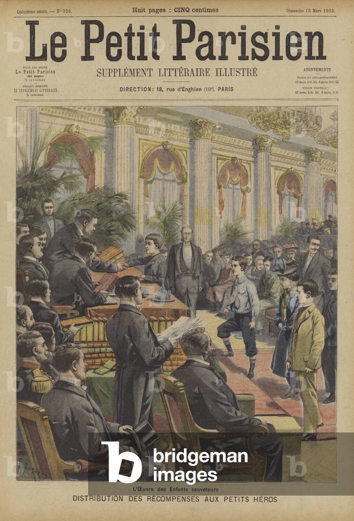 Distribution of awards to young heroes (colour litho) by French Artist