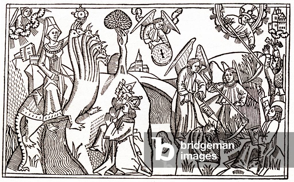 Die große Dirne von Babylon reitet auf dem siebenköpfigen Tier und die Engel schneiden Weizen, während sie den