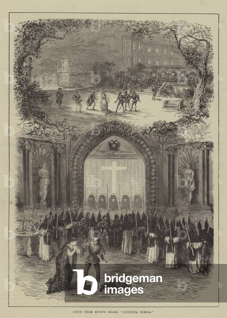 "Szene aus Hugos Drama „Lucrezia Borgia“ (Gravur)" 1881 von English School, b/w
