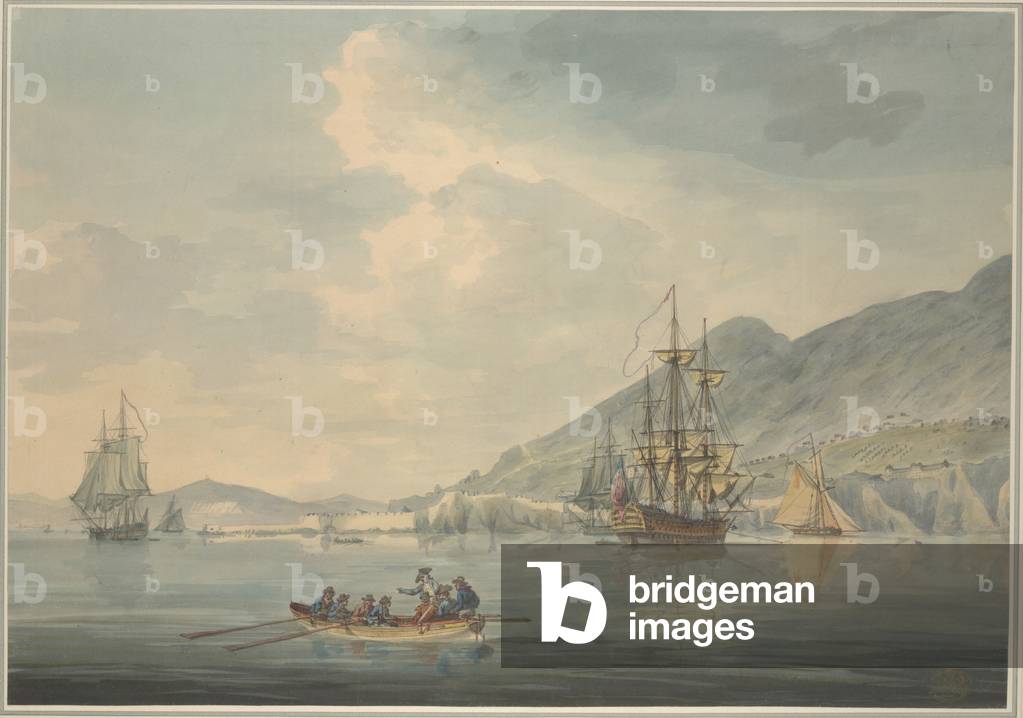 Veduta della Rocca di Gibilterra da sud-ovest, con quattro velieri e otto uomini su una chiatta nella Baia di 
