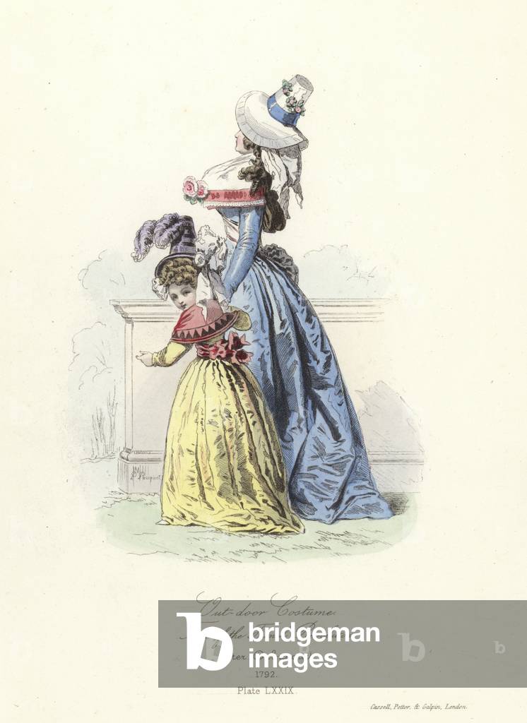 Outdoorkostüm, Zeit der Französischen Revolution (farbige Gravur)