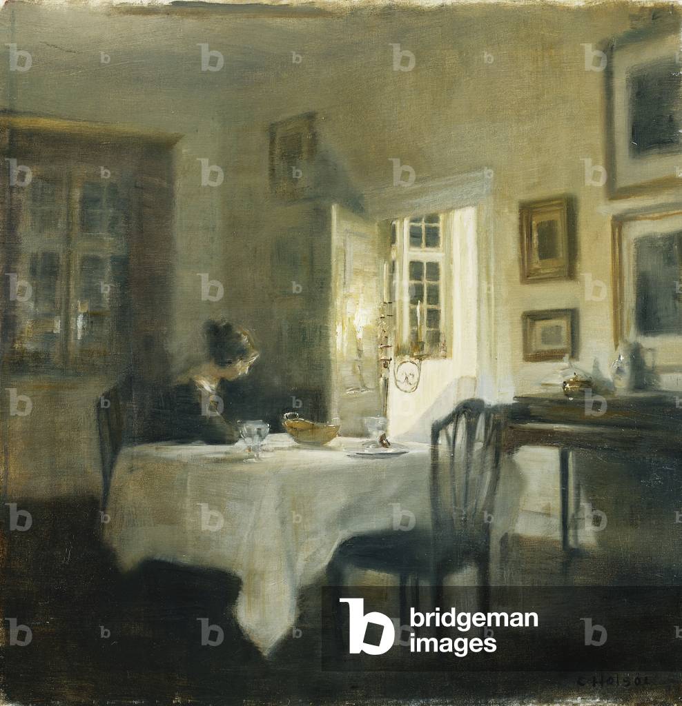 una donna ad un tavolo in un sala da pranzo, (olio su tela)