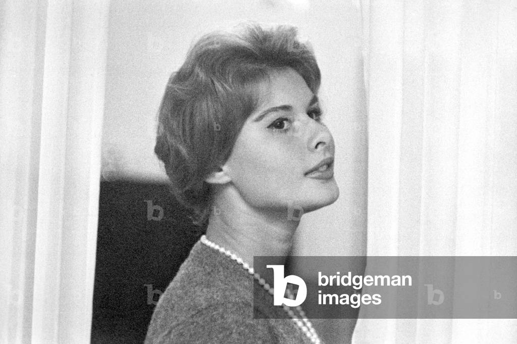 Rome, Italy, 1958, The actress Marisa Allasio in her house as married to the noble Calvi di Bergolo (b/w photo