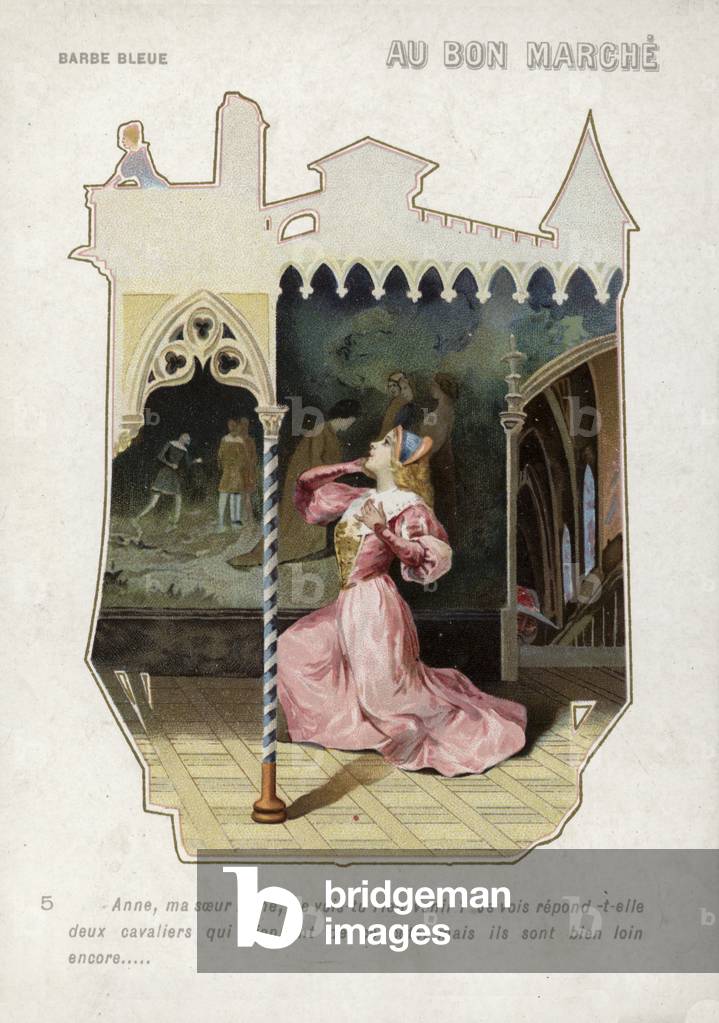 Bluebeard's wife asks her sister whether there is any sign of the approach of her brothers (chromolitho) by Fr