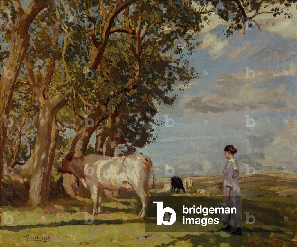 Sommermorgen, Ein Milchmädchen und Vieh, 1919 (Öl auf Leinwand)