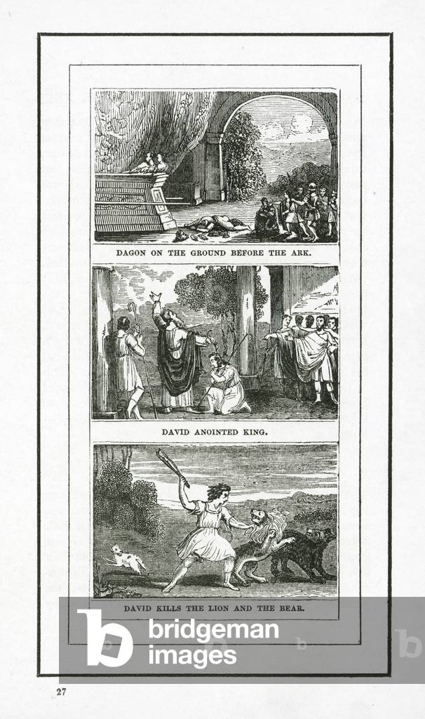 Image of Engraving depicting Dagon On The Ground Before The Ark; David Anointed King; David Kills The Lion And