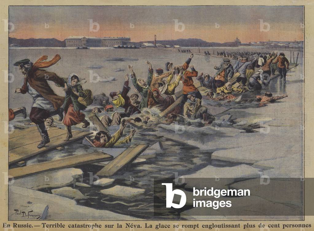 "Terribile disastro sul fiume ghiacciato Neva a San Pietroburgo (colore lito)" di Paul Dufresne