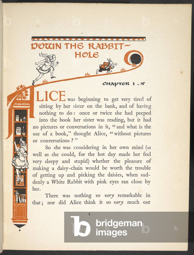 Alice Text Image of Text page with illuminated letter A and illustrations of Alice ...