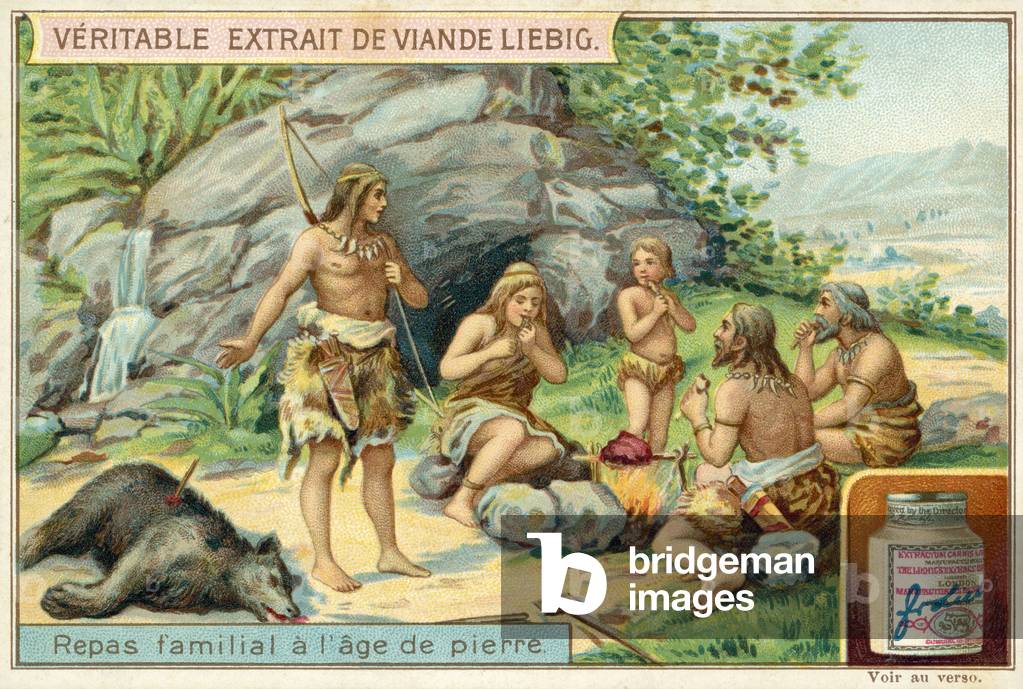 Steinzeit Familienmahlzeit (chromolitho)