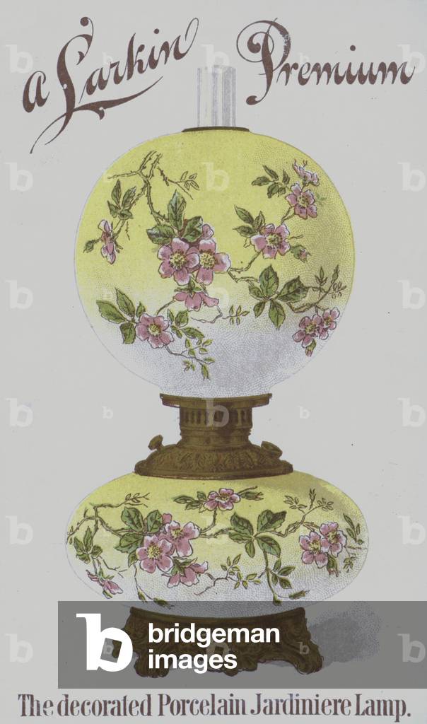 Advertisement for Larkin Premium decorated porcelain jardiniere lamps (chromolitho) by American Artist