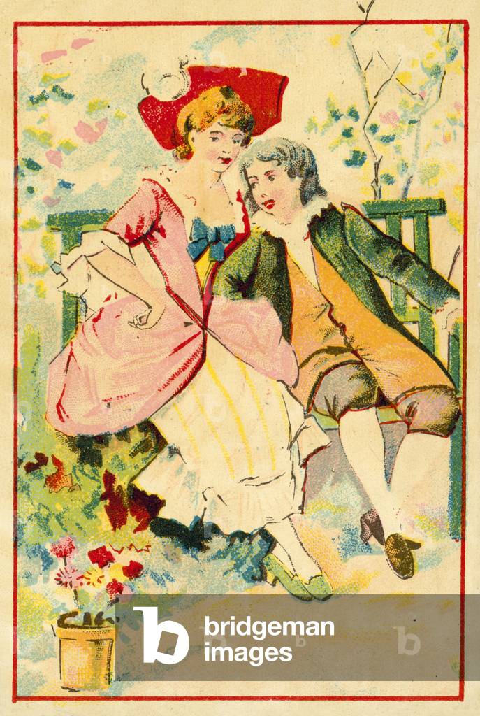 Jeune couple sur un banc dans un jardin (chromolitho)