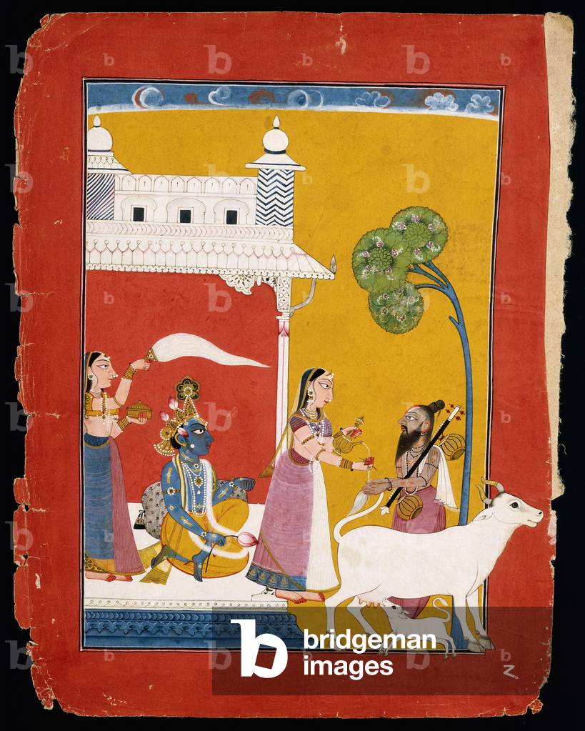 "Rukmini offre acqua alla salvia Narada mentre la sua consorte Krishna siede nella sua casa" 1725 di Indian Sc
