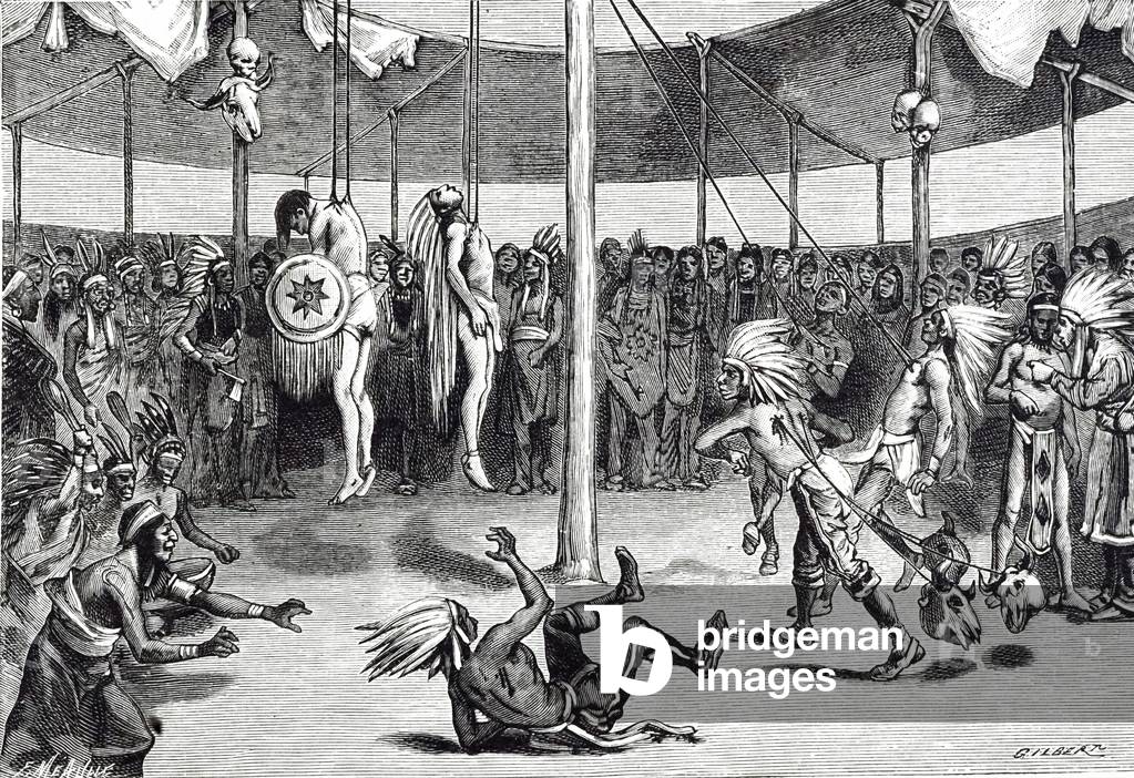 Incisione raffigurante riti di iniziazione di giovani guerrieri della tribù Mandan - Ohio e Mississippi. Parte