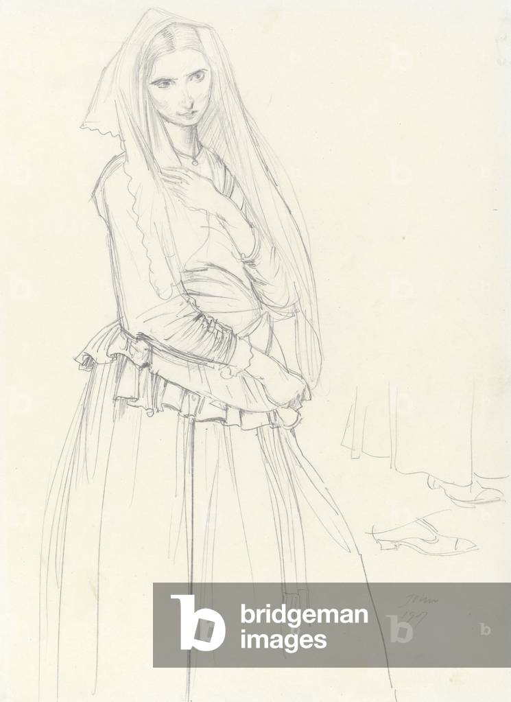 Immagine di Disegno "In piedi ragazza con un scialle e mantilla", 1907 di Augustus Edwin John, b/w