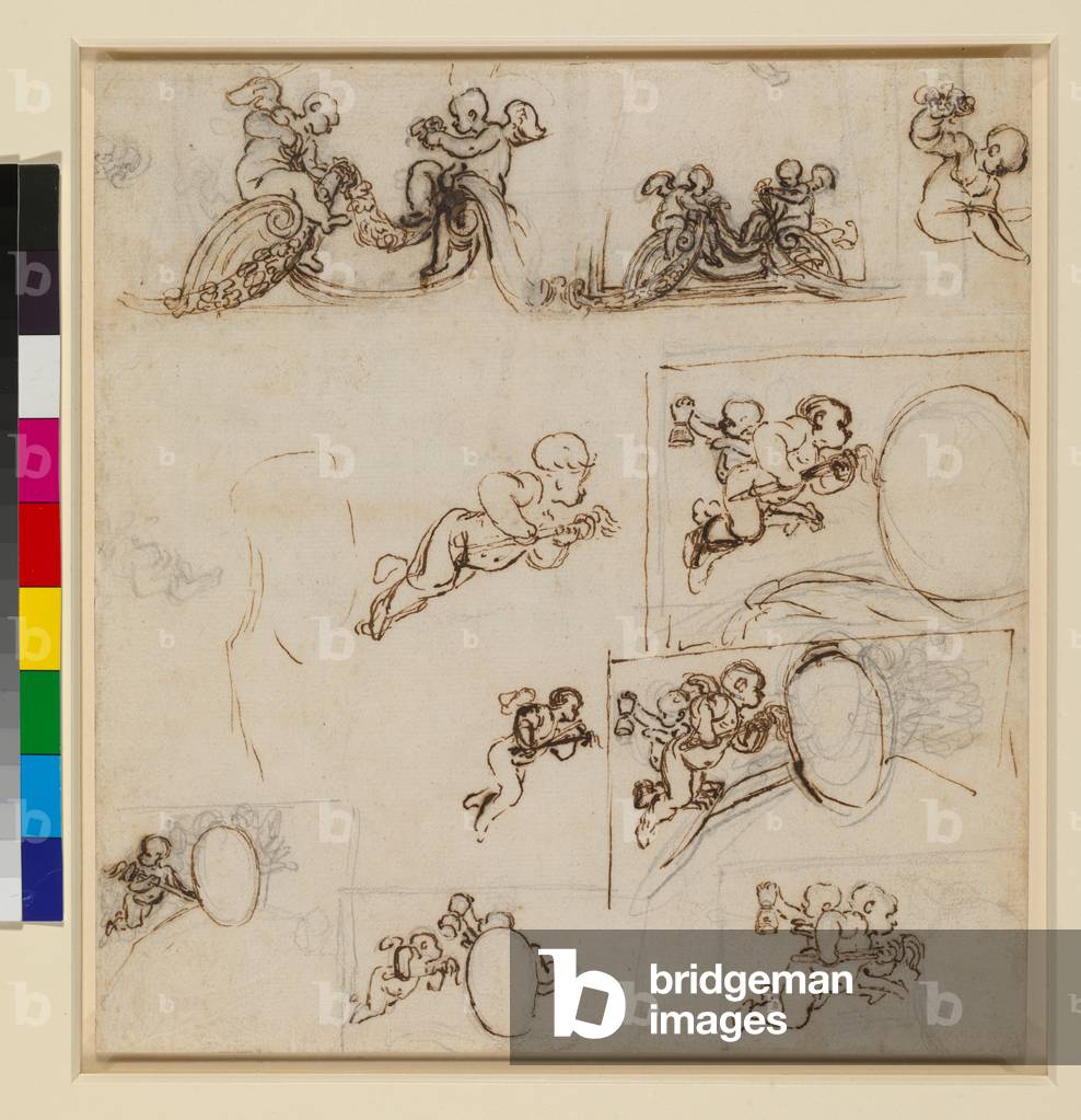 Studien von Putti für die Kuppel der Chiesa Collegiata, Ariccia, um 1662-4 (schwarze Kreide und Stift mit brau