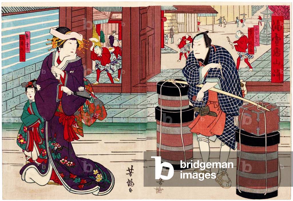 Japan: Die Kurtisane Azuma vom Wisteria House und die Ölverkäuferin Aburaya Yohei, aus dem Theaterstück „Die G