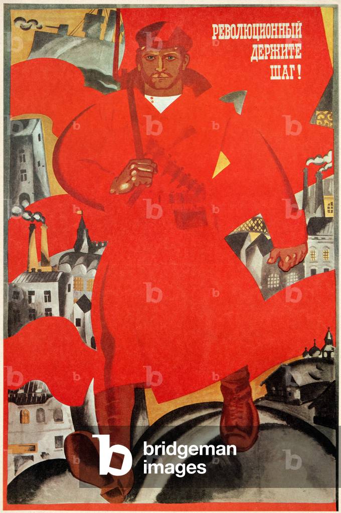 URSS "Al passo con la Rivoluzione!" manifesto degli artisti sovietici Oleg Savostyuk (30 dicembre 1927) e Bori