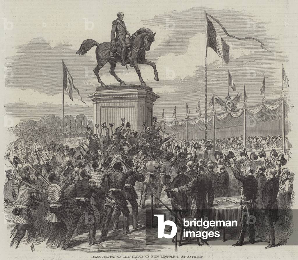 "Inaugurazione della statua del re Leopoldo I ad Anversa (incisione)" 1868 di English School, b/w