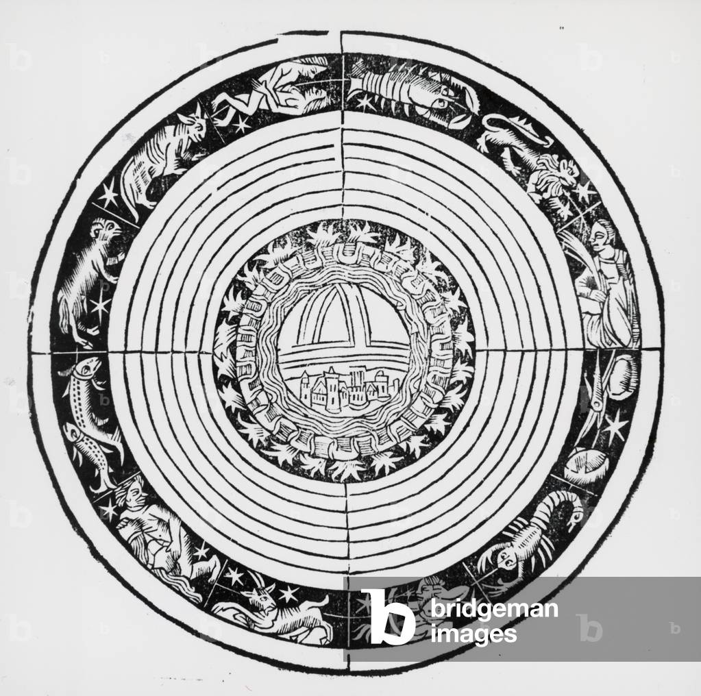 Geocentric diagram of universe surrounded by signs of the zodiac, b/w