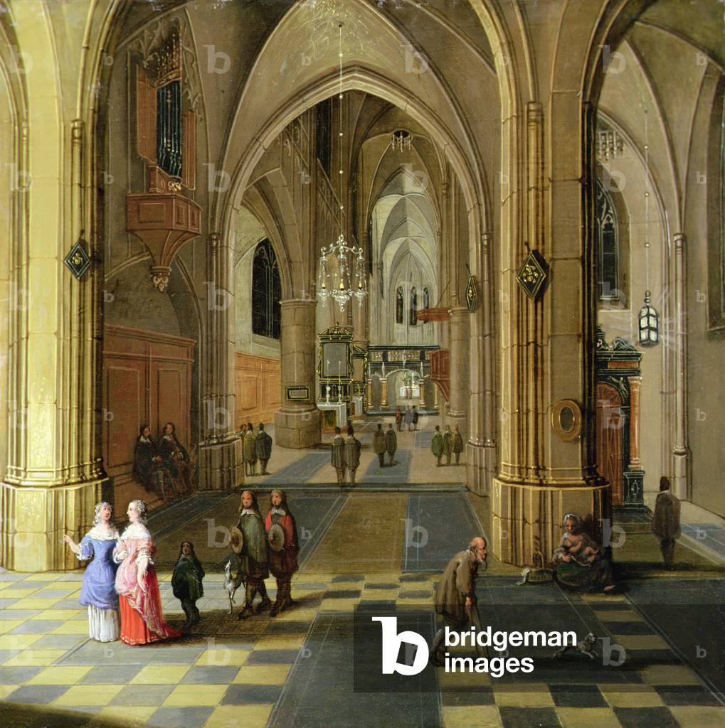 Das Innere einer gotischen Kathedrale mit zwei Frauen im Gespräch, 1660 (Öl auf Holz)