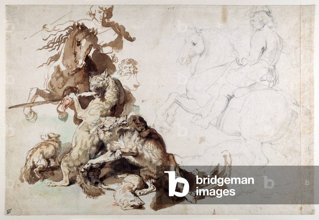 Un lupo e Fox Hunt (The European Hunt) (gessetti con lavaggio su carta)