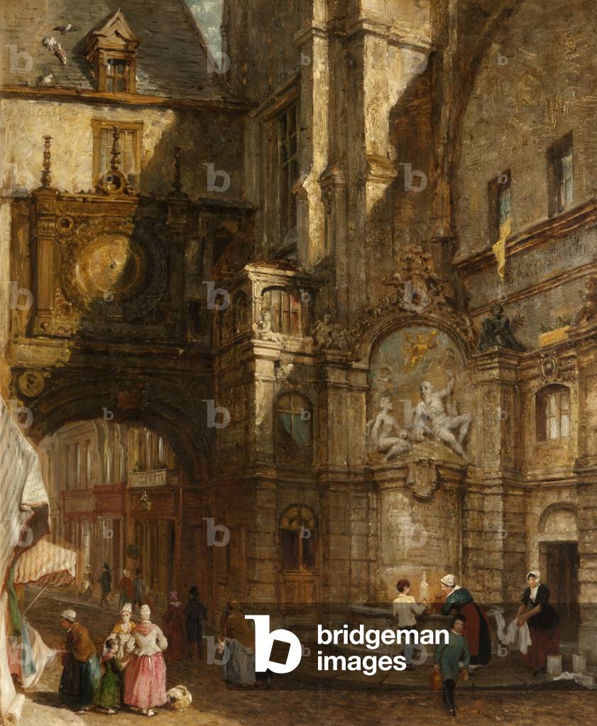 Bild von Gemälde "Straßenszene in Rouen (Louis XV Brunnen neben dem Gros Horloge)" von English School