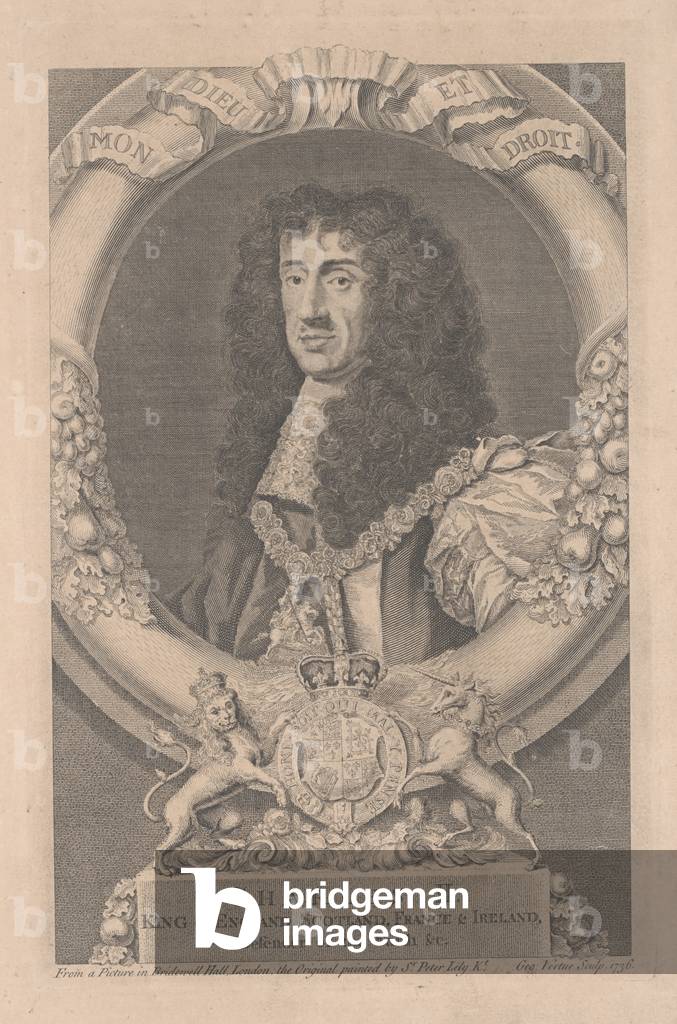 Carlo II, Re di Inghilterra, Scozia, Francia & Irlanda, inciso di George Vertue (1684-1756) (incisione)