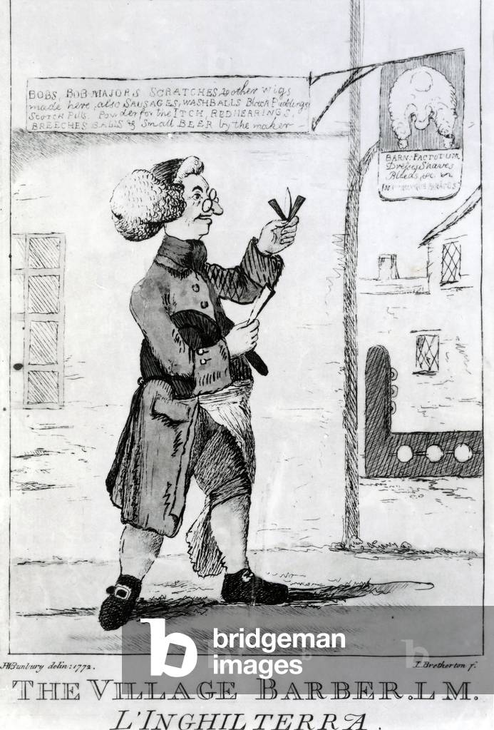 il villaggio barbiere L. M. Inglaterra, inciso da James Bretherton (1750-99), 1772 (acquaforte)