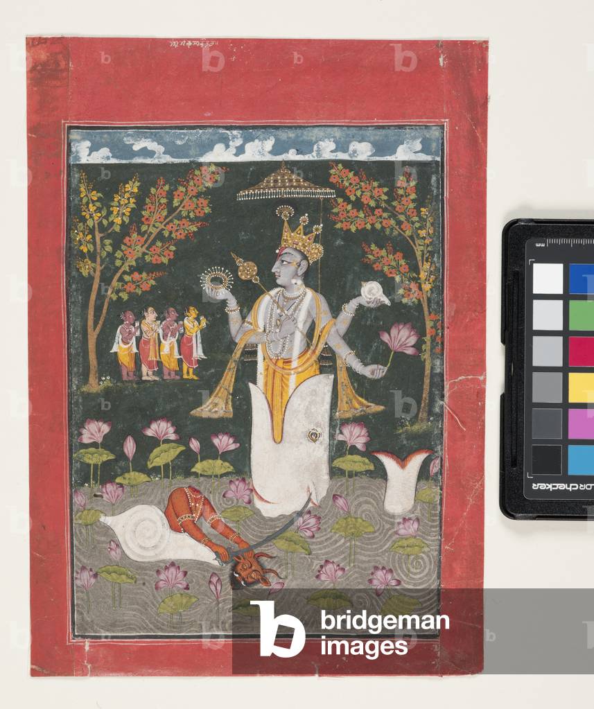 Matsya Avatar von Vishnu: Die Vernichtung von Sankh Asura (Gouache und Blattgold auf Papier)