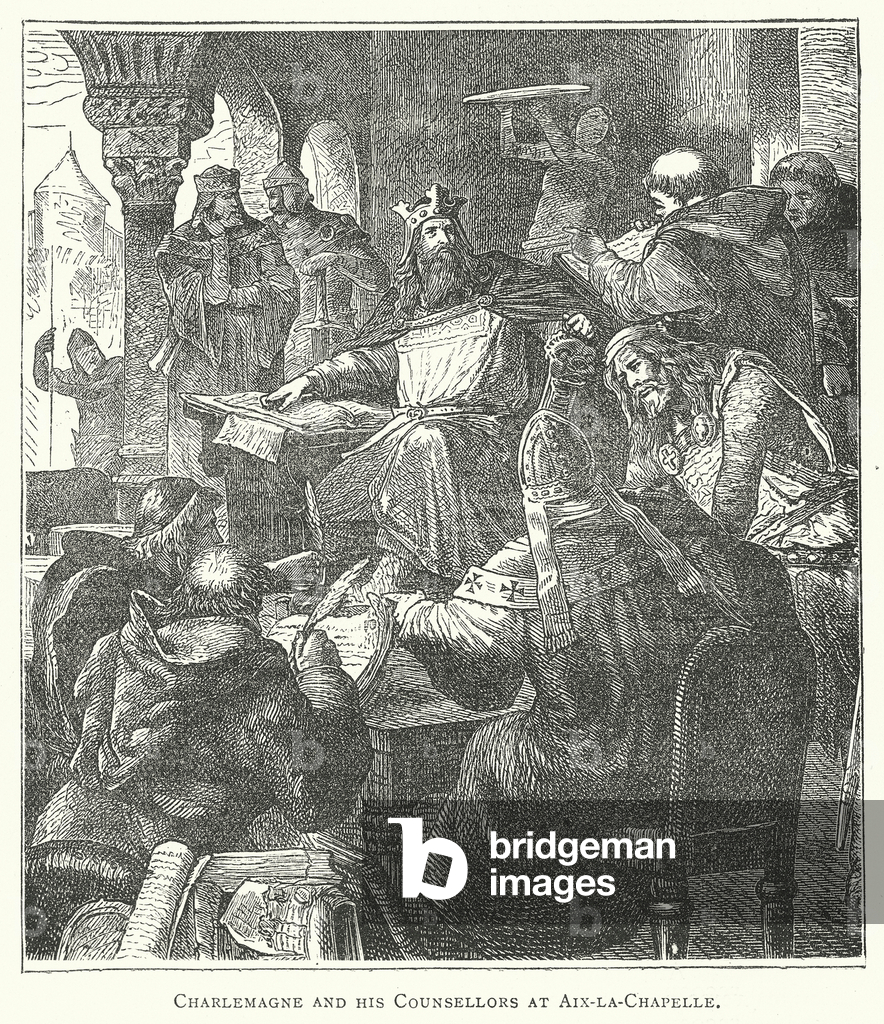 Charlemagne et ses conseillers à Aix-la-Chapelle (gravure)