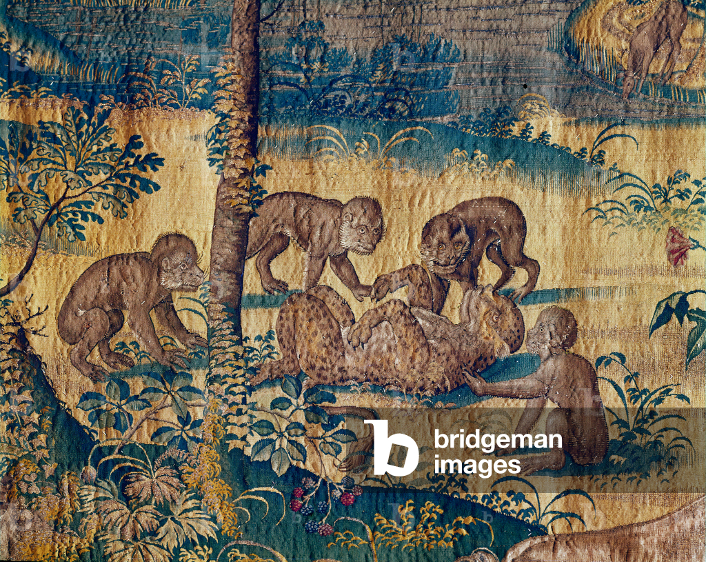 Image of Tapestry depicting Monkeys playing with a panther (tapestry) by Willem Tons