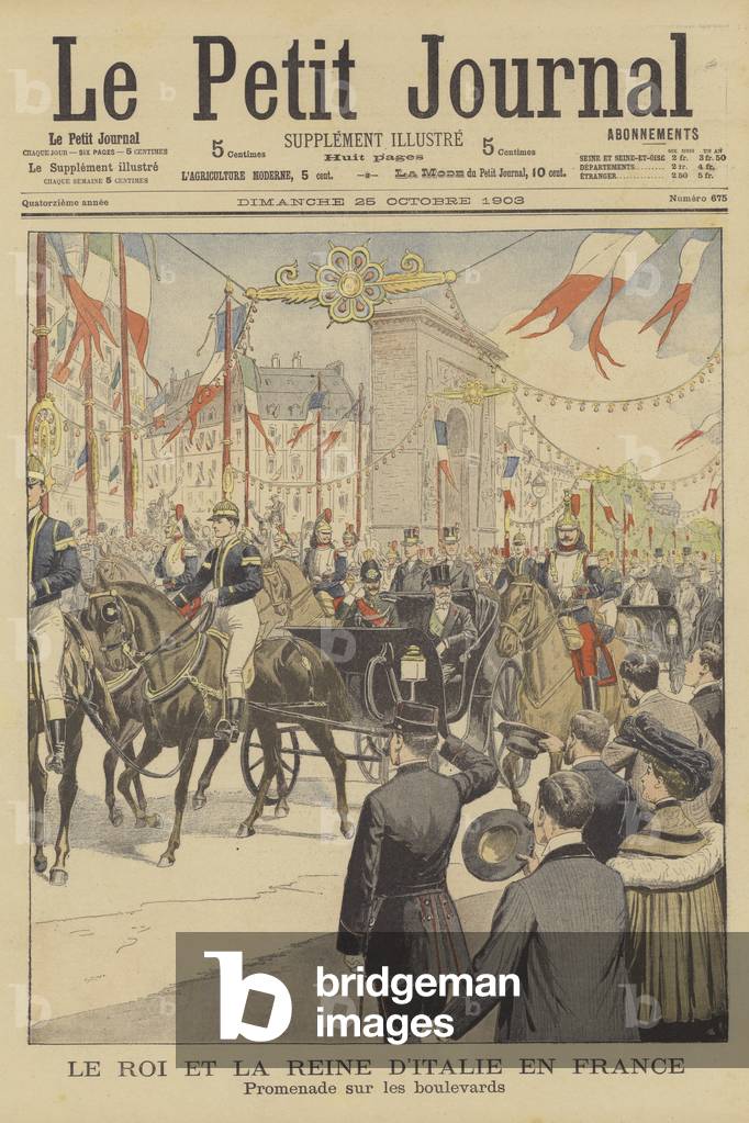 Visit of the King and Queen of Italy to France (colour litho) by French Artist