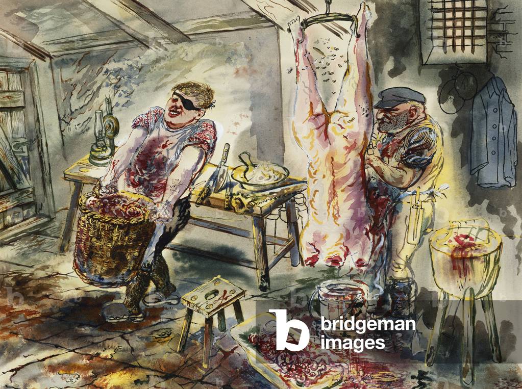 The Butcher; Die Schlachter, 1930 (Gouache, Aquarell, Pinsel und schwarze Tinte auf Papier)