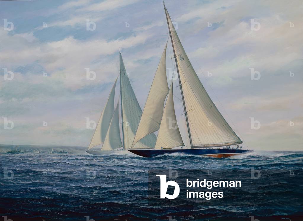 'Endeavor II' impegnativa 'Ranger' per l'America's Cup 1937 (olio su tela)