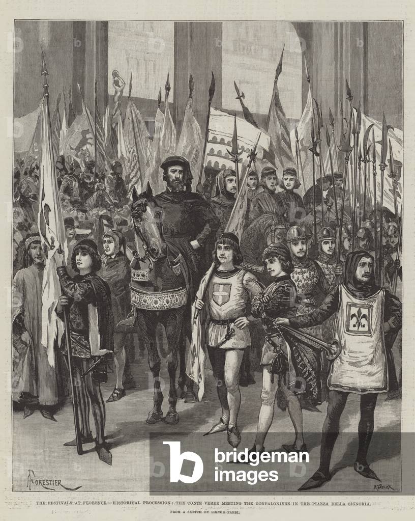 Die Feste in Florenz, Historische Prozession, die Conte Verde Treffen der Gonfaloniere auf der Piazza della Si