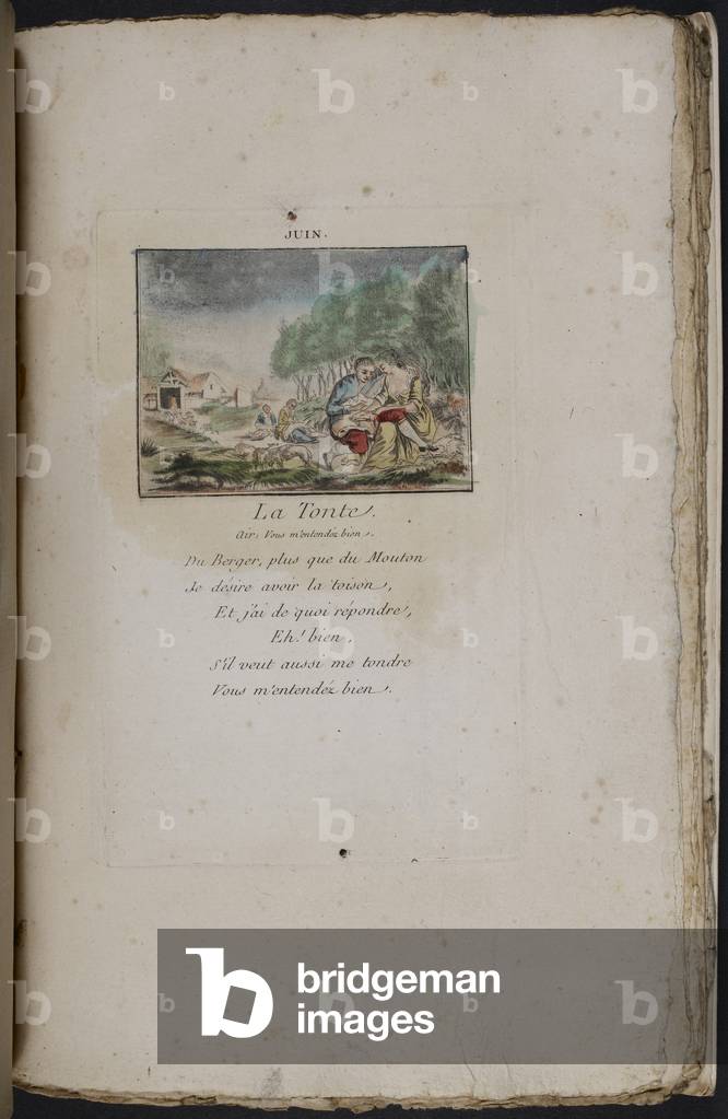La Tonte. Pagina da un calendario o almanacco. Juin. Giugno. Illustrazione. Poesia.