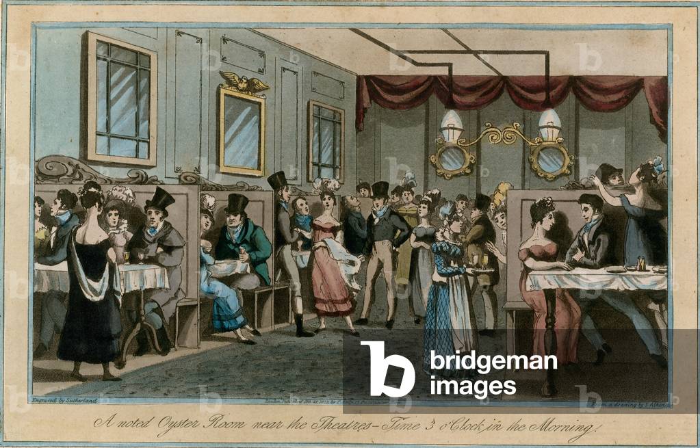 A noted Oyster Room near the Theatres, 3 o'clock in the Morning (coloured engraving)