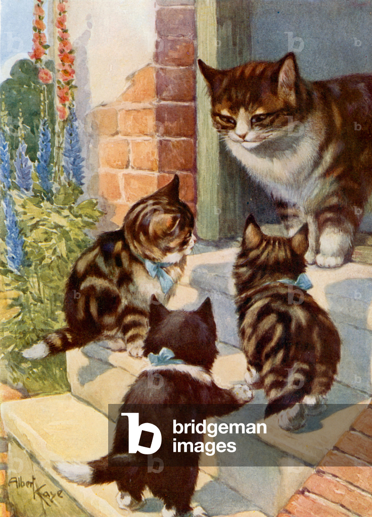 Gatto che fa lezione ai suoi gattini (litografia a colori)
