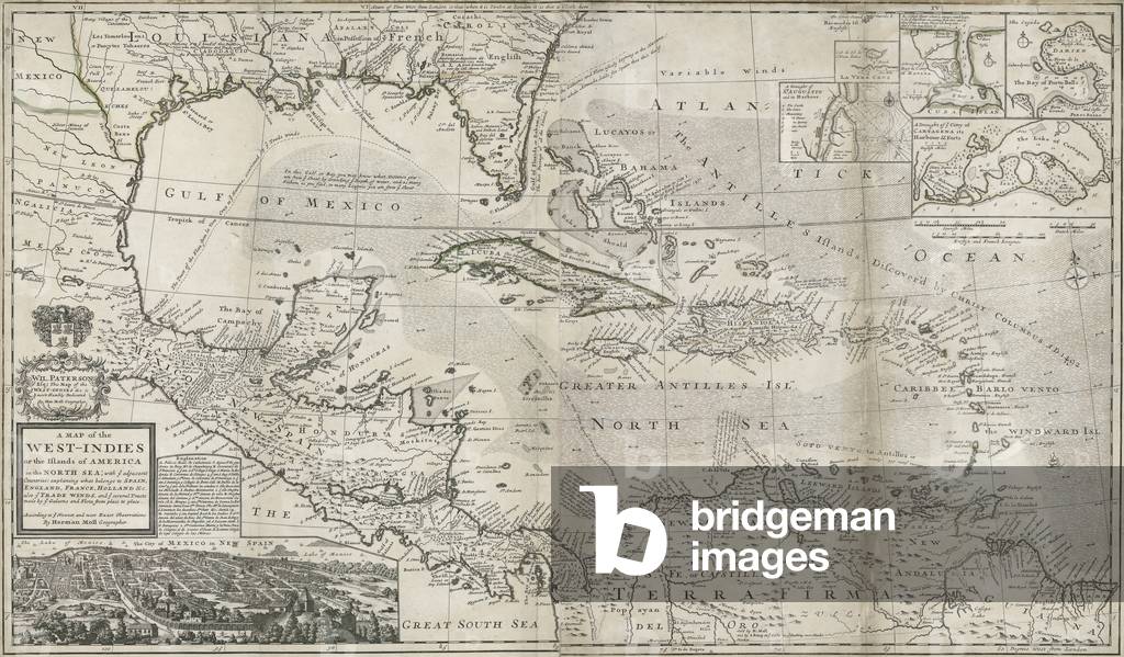 Immagine di Incisione "Mappa dei Caraibi", 1715 di Hermann Moll, b/w