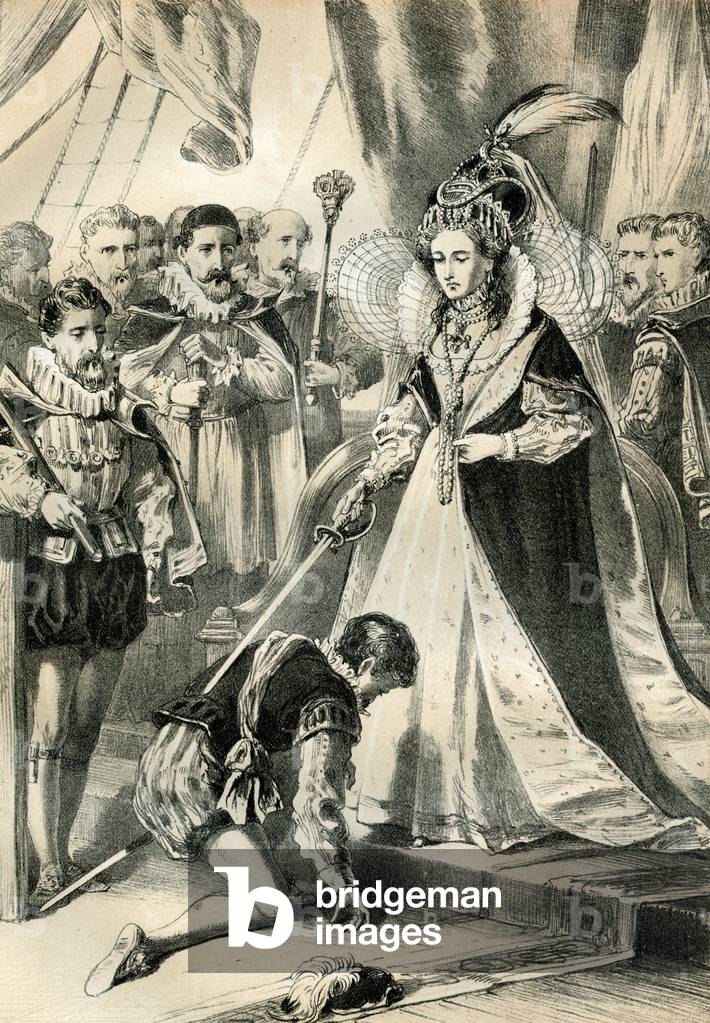 Image of Francis Drake knighted by Queen Elizabeth in 1581 (print)