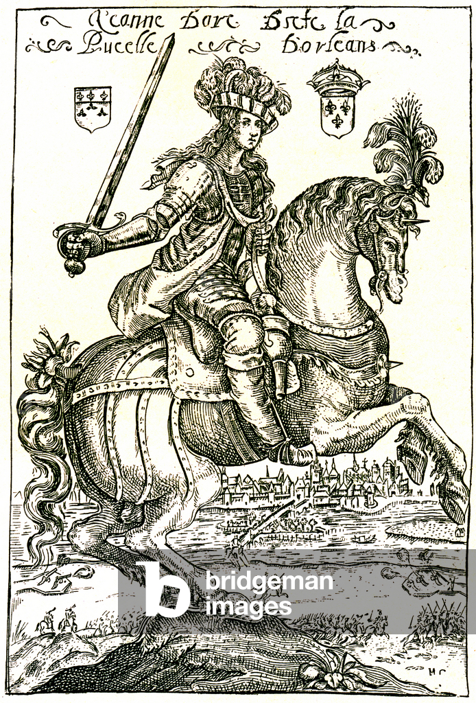 Giovanna d'Arco davanti a Orléans, a cavallo, con la spada alzata, 1621 (incisione)