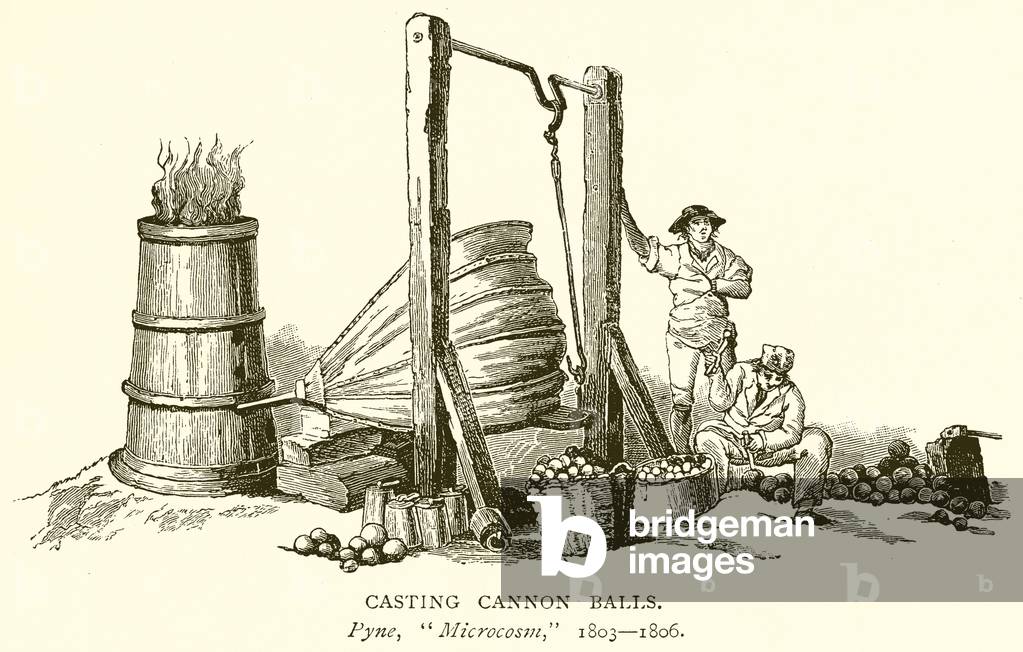 "Casting Cannon Balls (Gravur)" von English School, b/w