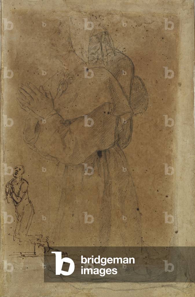 Un monaco a preghiera e più piccolo studio di un altro figura di preghiera (penna & inchiostro con gesso su ca