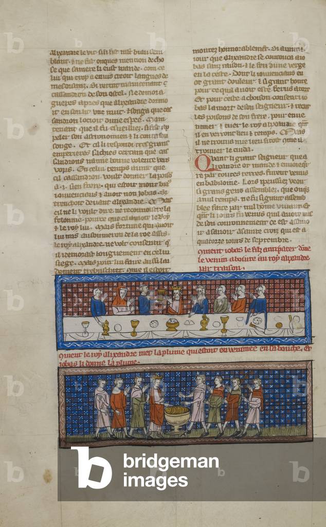 Obere Miniatur von Jobas geben Alexander Gift an einem Esstisch; Untere Miniatur von Alexander macht seinen Wi