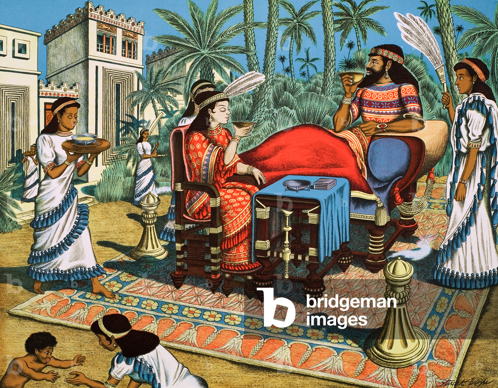 Bild von Druck "Ein Abendessen im alten Babylon (Farblitho)" 1901 von Stuart Boyle