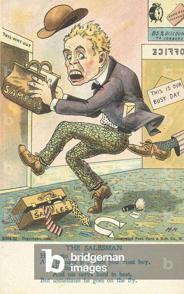 Cold call fastidio: un venditore viaggiante che viene espulso da un ufficio (chromolitho)