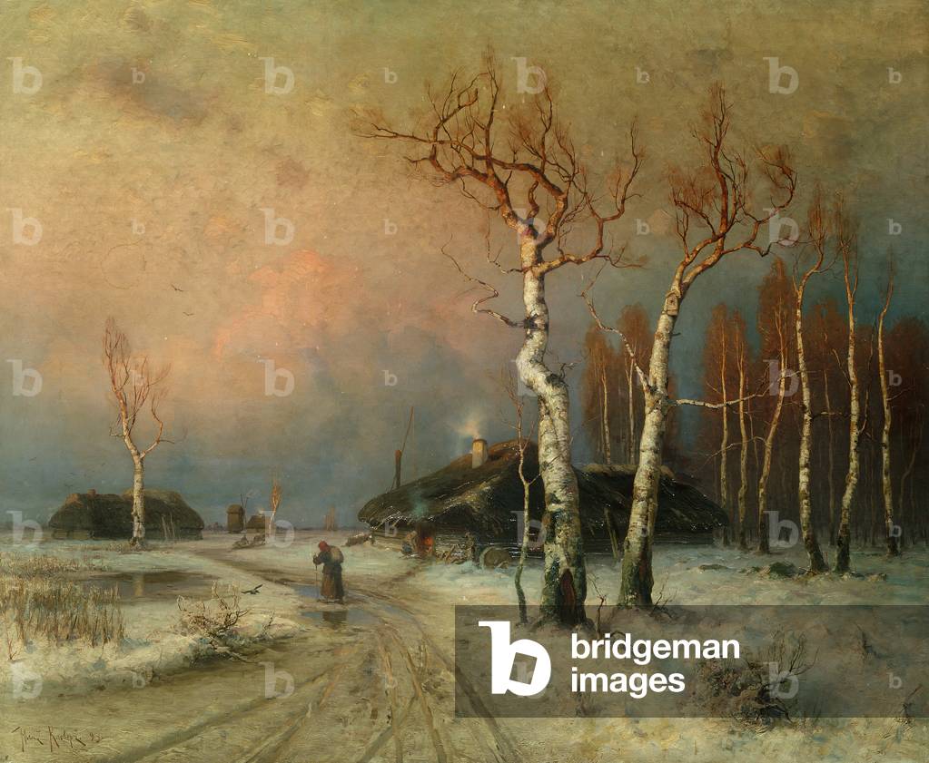 Un villaggio in un paesaggio invernale boscoso (olio)