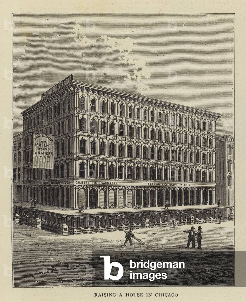 "Alzare una casa in Chicago (incisione)" di English School, b/w